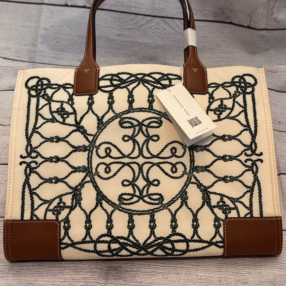 TORY BURCH ELLA SMALL PRINTED TOTE BAG IVORY ABSTRACT ROPE PATTERN - Picture 10 of 13